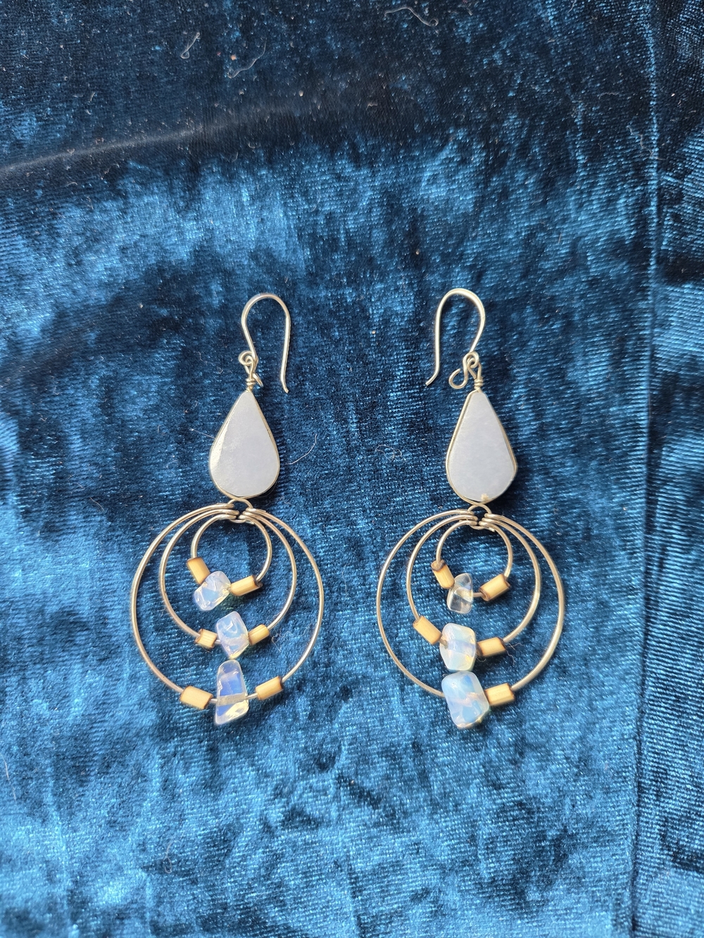 Opal Teardrop Dangle Earrings - Blue Opalescent & Gold